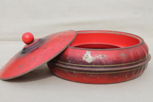 photo of unusual old round red tin sewing box w/ original vintage paint, 1938 patent number #2