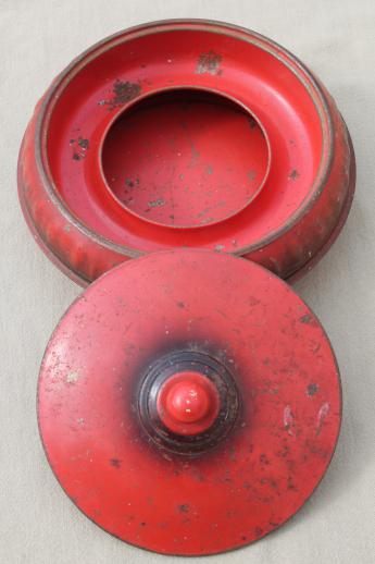 photo of unusual old round red tin sewing box w/ original vintage paint, 1938 patent number #3