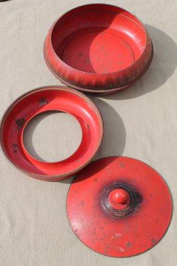 photo of unusual old round red tin sewing box w/ original vintage paint, 1938 patent number #4