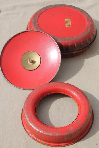 photo of unusual old round red tin sewing box w/ original vintage paint, 1938 patent number #6