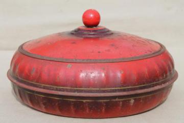 catalog photo of unusual old round red tin sewing box w/ original vintage paint, 1938 patent number