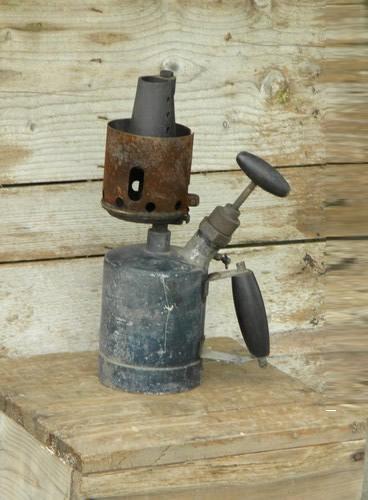 photo of unusual primitive old tool blowtorch with copper or bronze burner #1