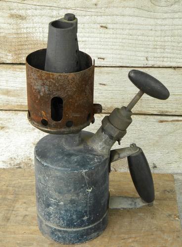 photo of unusual primitive old tool blowtorch with copper or bronze burner #2