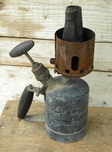 photo of unusual primitive old tool blowtorch with copper or bronze burner #3