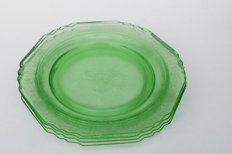 photo of uranium glow vintage green depression glass plates, Hazel Atlas Florentine poppies #2