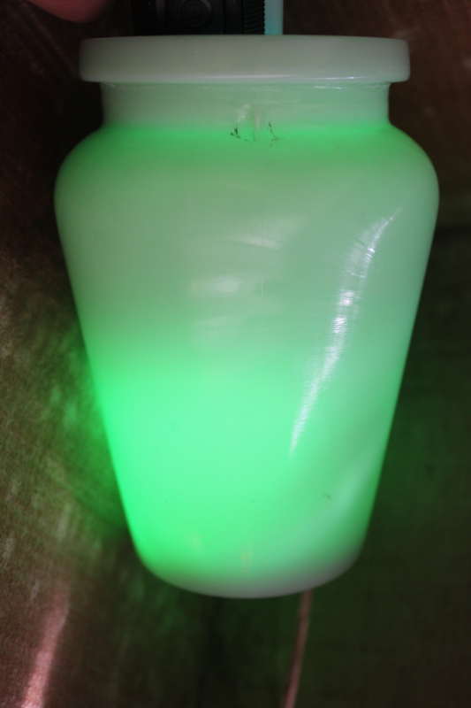 photo of uranium glow vintage jadeite green glass jar or range shaker, McKee jadite?  #1