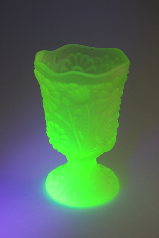 photo of uranium glow vintage vaseline satin glass vase or votive candle holder, daisy pattern  #1