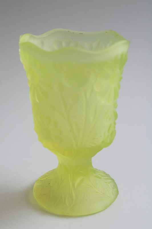 photo of uranium glow vintage vaseline satin glass vase or votive candle holder, daisy pattern  #2