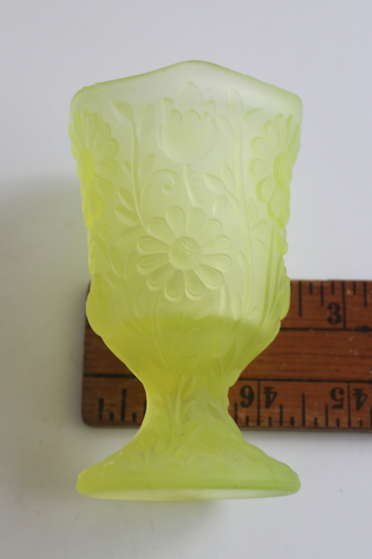 photo of uranium glow vintage vaseline satin glass vase or votive candle holder, daisy pattern  #6