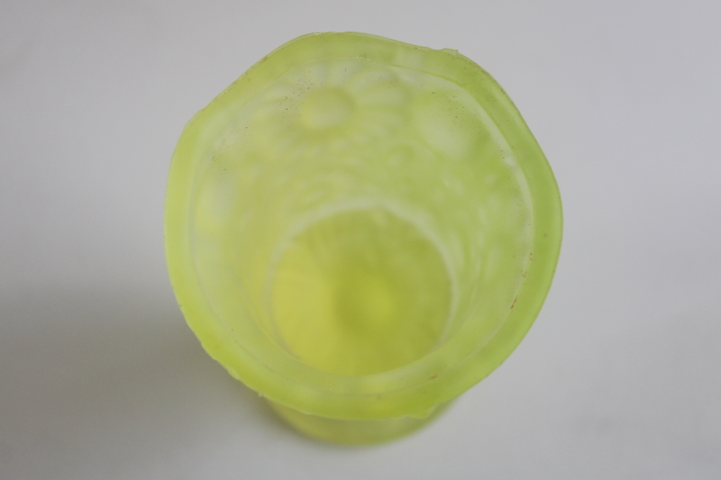 photo of uranium glow vintage vaseline satin glass vase or votive candle holder, daisy pattern  #7