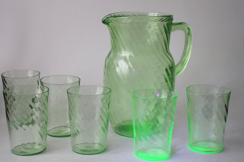 photo of uranium green depression glass pitcher & tumblers set, 1930s vintage Anchor Hocking spiral pattern glass  #1