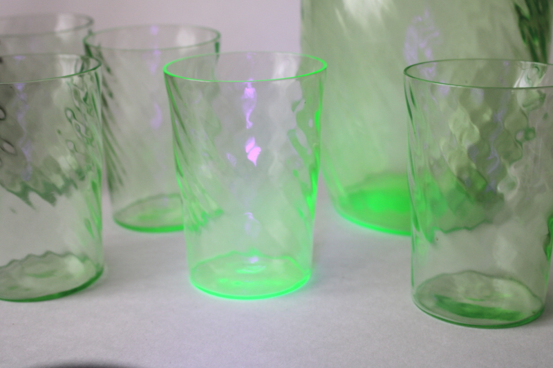 photo of uranium green depression glass pitcher & tumblers set, 1930s vintage Anchor Hocking spiral pattern glass  #2