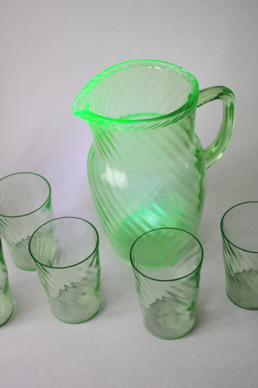photo of uranium green depression glass pitcher & tumblers set, 1930s vintage Anchor Hocking spiral pattern glass  #3