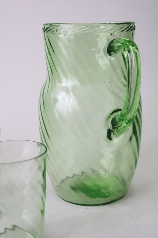 photo of uranium green depression glass pitcher & tumblers set, 1930s vintage Anchor Hocking spiral pattern glass  #5