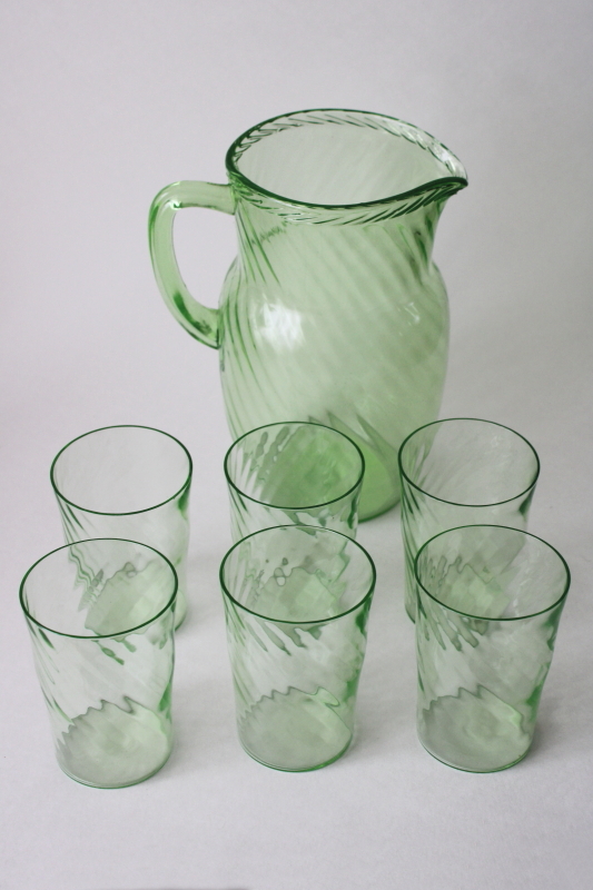 photo of uranium green depression glass pitcher & tumblers set, 1930s vintage Anchor Hocking spiral pattern glass  #6