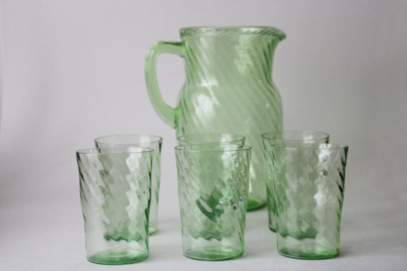 photo of uranium green depression glass pitcher & tumblers set, 1930s vintage Anchor Hocking spiral pattern glass  #7