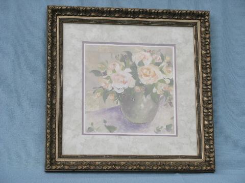 photo of urns of roses pair vintage signed floral prints, florentine frames #4