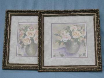 catalog photo of urns of roses pair vintage signed floral prints, florentine frames