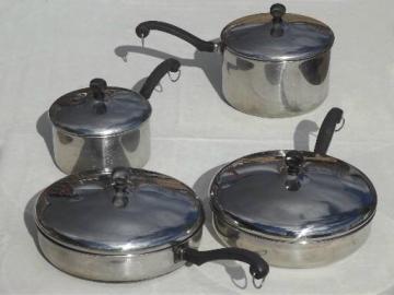 catalog photo of used Farberware aluminum clad stainless cookware, skillet frying pans & pots