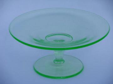 catalog photo of vaseline green vintage depression glass candy plate, pedestal for pillar candle