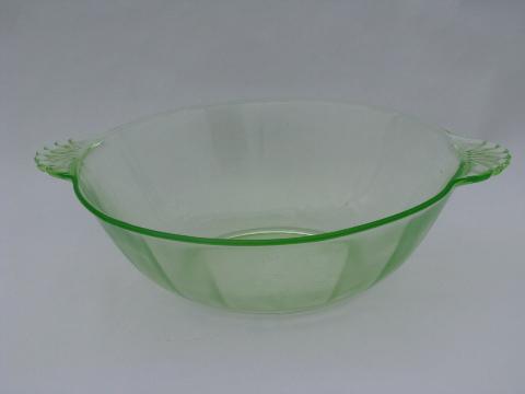 photo of vaseline yellow-green vintage depression glass fruit set, large & small berry bowls #2