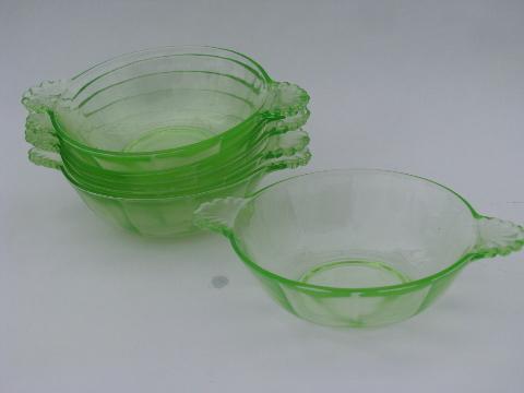 photo of vaseline yellow-green vintage depression glass fruit set, large & small berry bowls #4