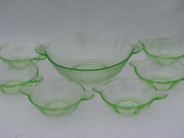 catalog photo of vaseline yellow-green vintage depression glass fruit set, large & small berry bowls