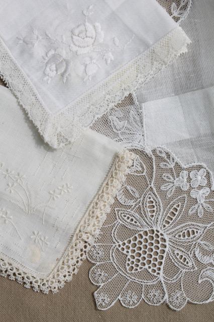 photo of very fancy antique & vintage white lace hankies, fine cotton & linen wedding handkerchiefs  #2