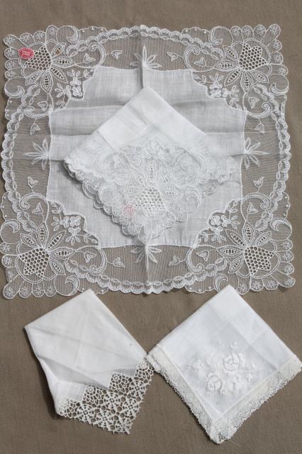 photo of very fancy antique & vintage white lace hankies, fine cotton & linen wedding handkerchiefs  #5