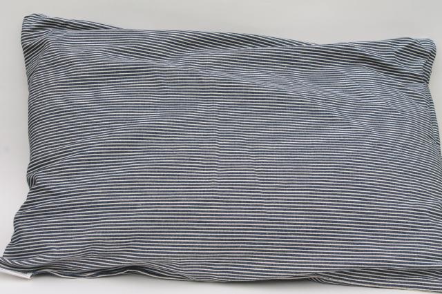 photo of very firm vintage pillow, railroad striped blue & white hickory stripe cotton denim cover #1