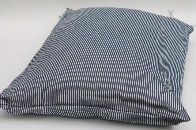 photo of very firm vintage pillow, railroad striped blue & white hickory stripe cotton denim cover #2