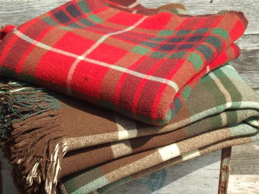 photo of very heavy old plaid wool hunting camp trapper's blankets, 20s vintage #1