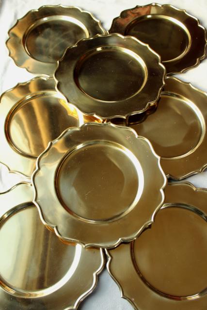 photo of very heavy solid brass chargers, vintage set of 8 gold charger plates made in India #1