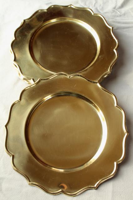 photo of very heavy solid brass chargers, vintage set of 8 gold charger plates made in India #6