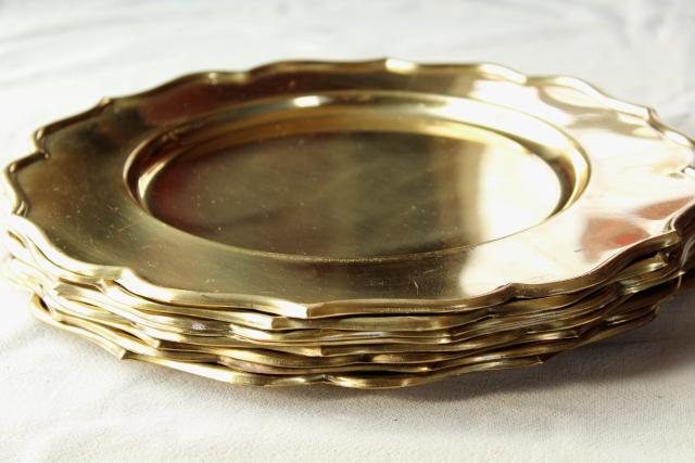 photo of very heavy solid brass chargers, vintage set of 8 gold charger plates made in India #8