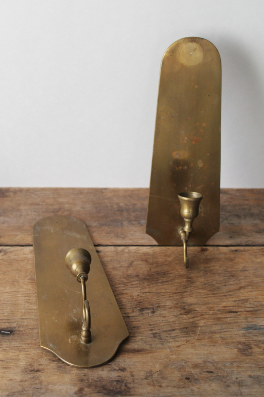 photo of very heavy vintage solid brass wall sconces, 70s mod minimalist art metal candle holders pair  #1