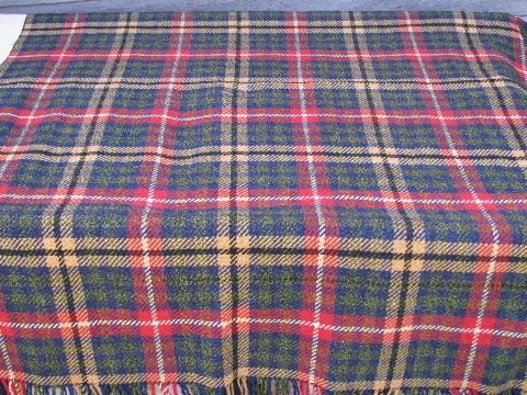 photo of very heavy vintage wool plaid camp blanket w/ thick fringe #1