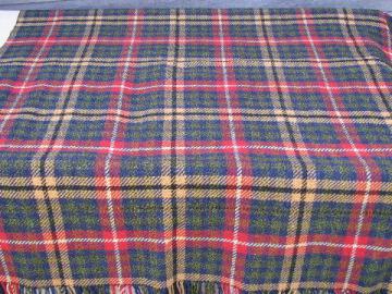 catalog photo of very heavy vintage wool plaid camp blanket w/ thick fringe