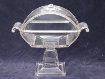 catalog photo of very large antique EAPG vintage pattern glass comport w/ lid, some damage