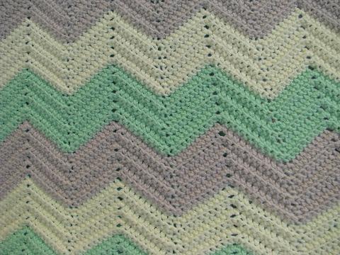 photo of very large crochet afghan, pale tan, green, yellow, soft acrylic #2