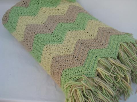 photo of very large crochet afghan, pale tan, green, yellow, soft acrylic #3