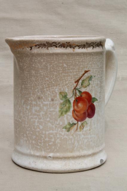 photo of very old browned china pitcher w/ red apples, antique vintage Homer Laughlin milk jug #1