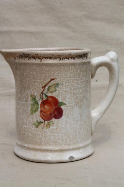 photo of very old browned china pitcher w/ red apples, antique vintage Homer Laughlin milk jug #3