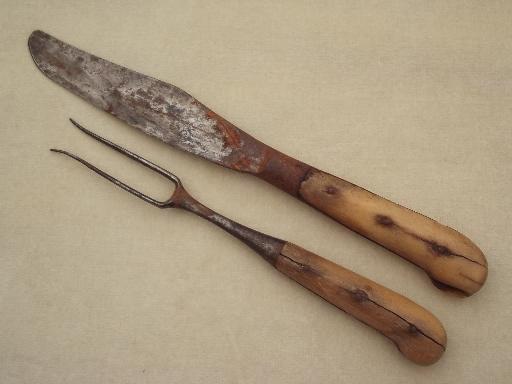 photo of very old pre-civil war knife and fork, antique bone handled hand forged utensils #1