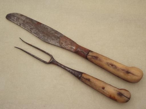 photo of very old pre-civil war knife and fork, antique bone handled hand forged utensils #2