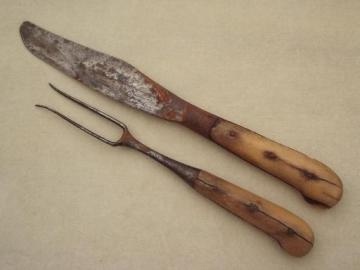 catalog photo of very old pre-civil war knife and fork, antique bone handled hand forged utensils