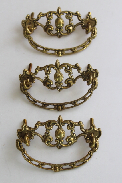 photo of very ornate gold tone brass plated drawer pulls, vintage furniture restoration hardware  #1