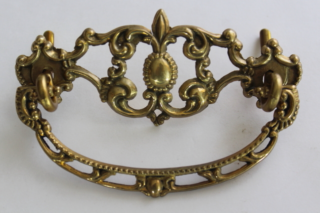 photo of very ornate gold tone brass plated drawer pulls, vintage furniture restoration hardware  #2