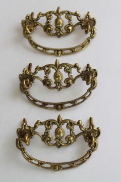 catalog photo of very ornate gold tone brass plated drawer pulls, vintage furniture restoration hardware 