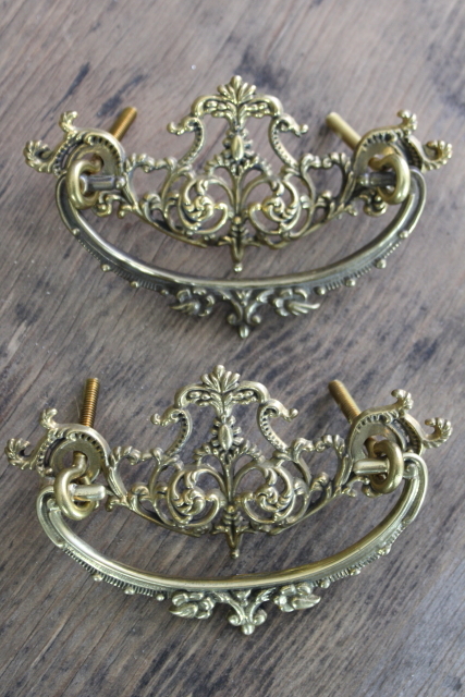 photo of very ornate vintage gold tone brass plated drawer pulls, furniture restoration hardware  #1